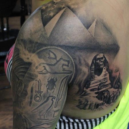 Tattoos - Great Sphinx of Giza, Giza's Three Great Pyramids And Ancient Egyptian Hieroglyphics - 119466